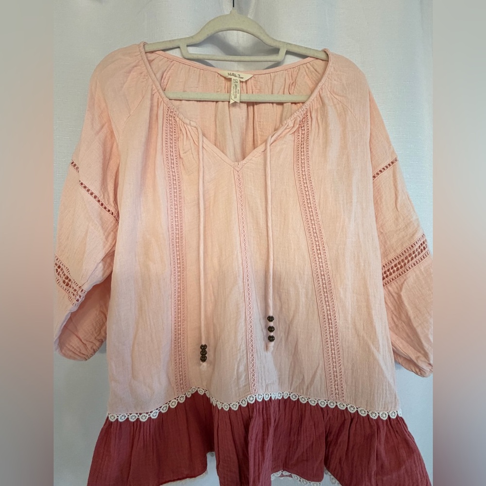 Matilda Jane Pink Boho Peasant Top Lace Trim Tiered Hem L - Picture 3 of 6